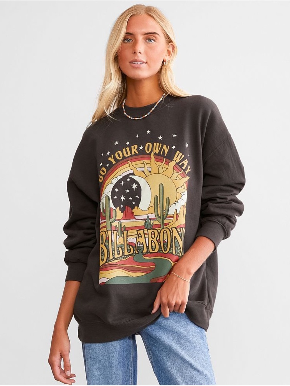 Billabong charcoal Crewneck Sweatshirt with Retro Desert Graphic